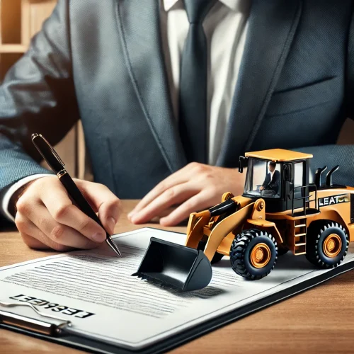 DALL·E 2025-03-15 10.27.21 - A businessperson in a suit signing a leasing contract for a front loader tractor. A miniature model of the front loader is placed on the desk beside d